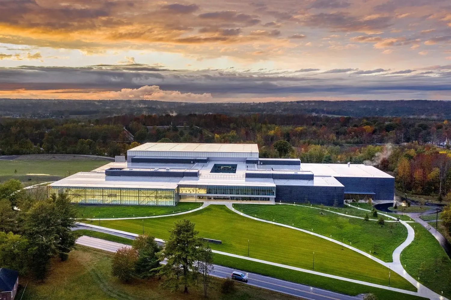 Harold Alfond Athletics and Recreation Center at Colby College at dusk.